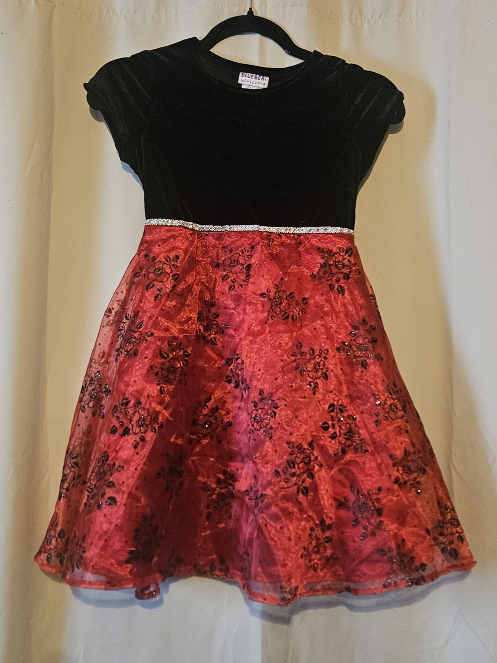 Blueberi Boulevard Girls Black Velvet Bodice with Red Floral Organza Skirt